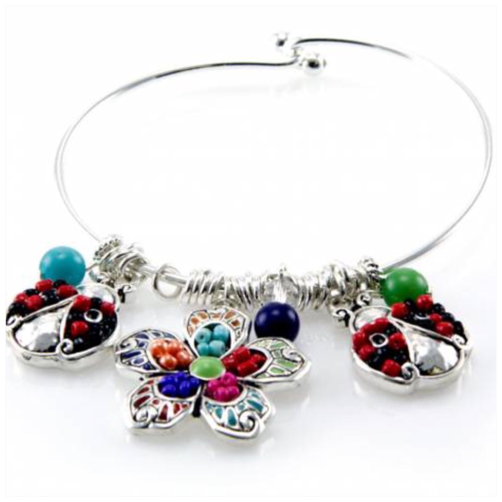 Mosaic Ladybug & Flower Charm Wire Bracelet